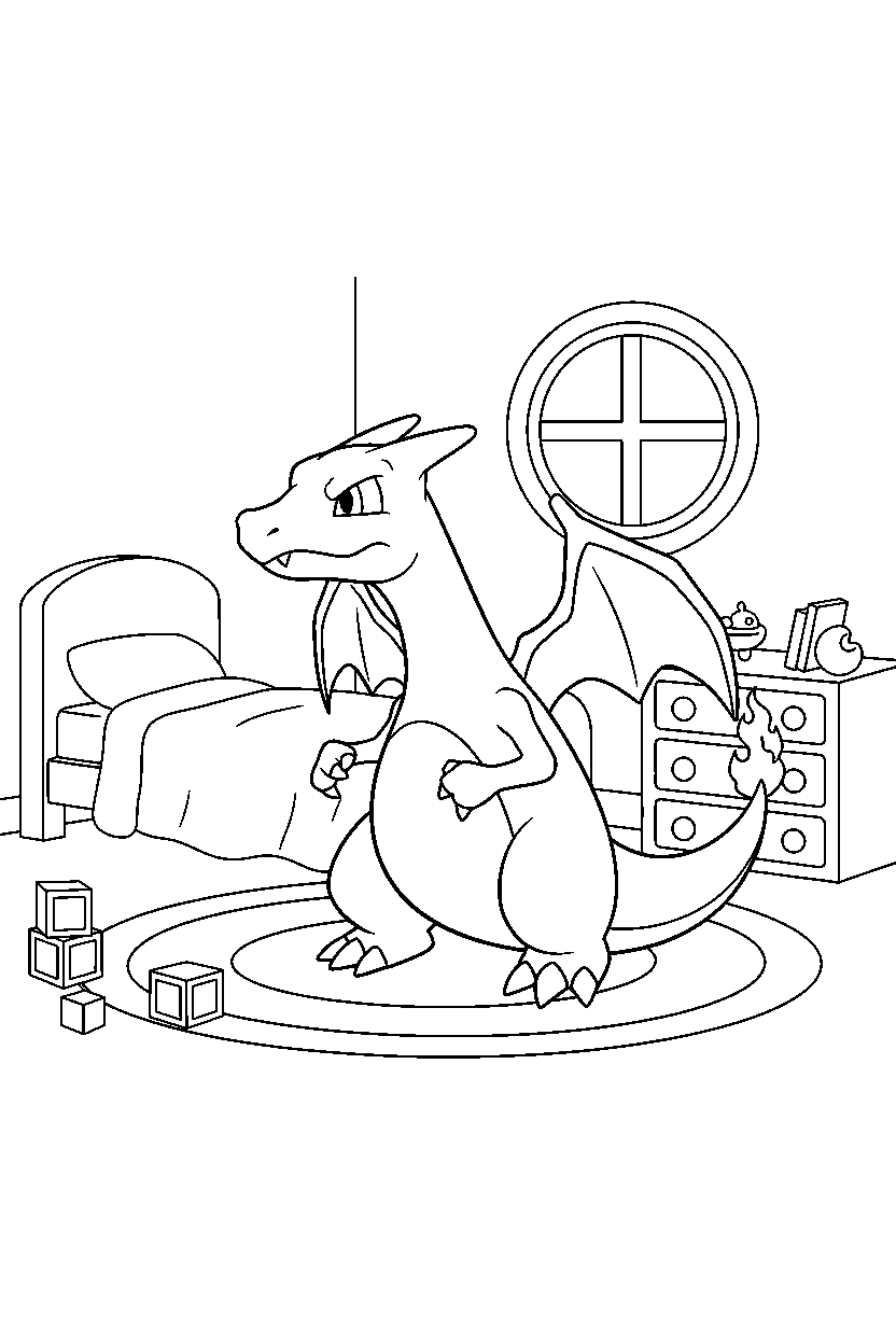 pokemon charizard looking around in room line art