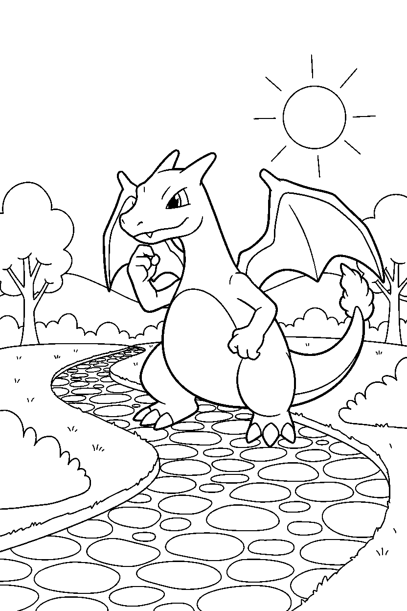 pokemon charizard observing on pathway line art