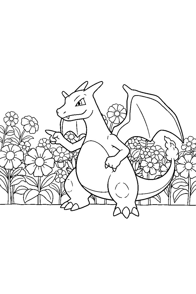 pokemon charizard pointing in flower field line art