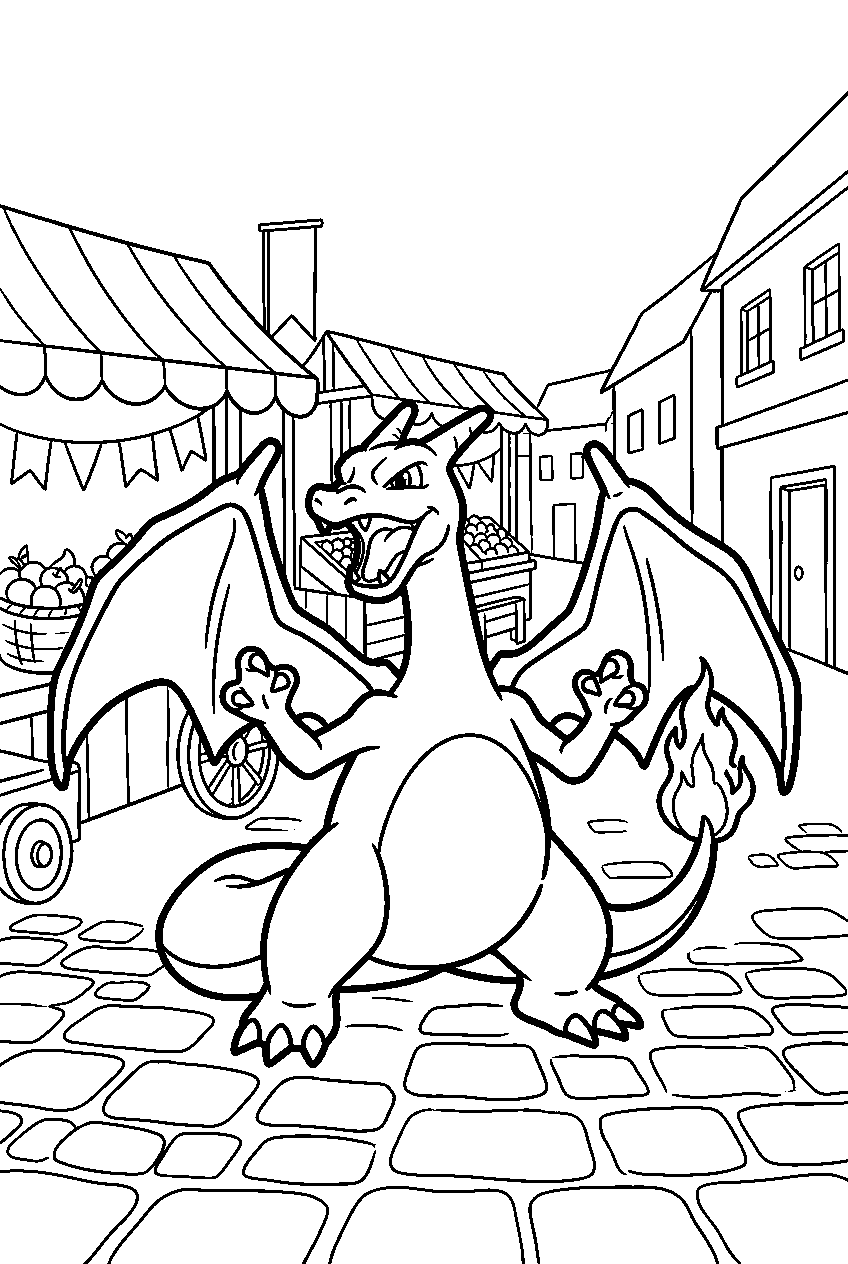 pokemon charizard posing in market street line art