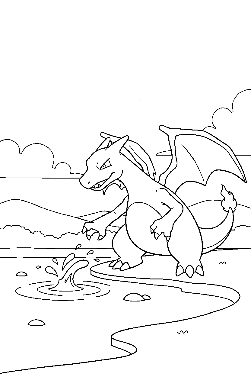 pokemon charizard reaching by water line art