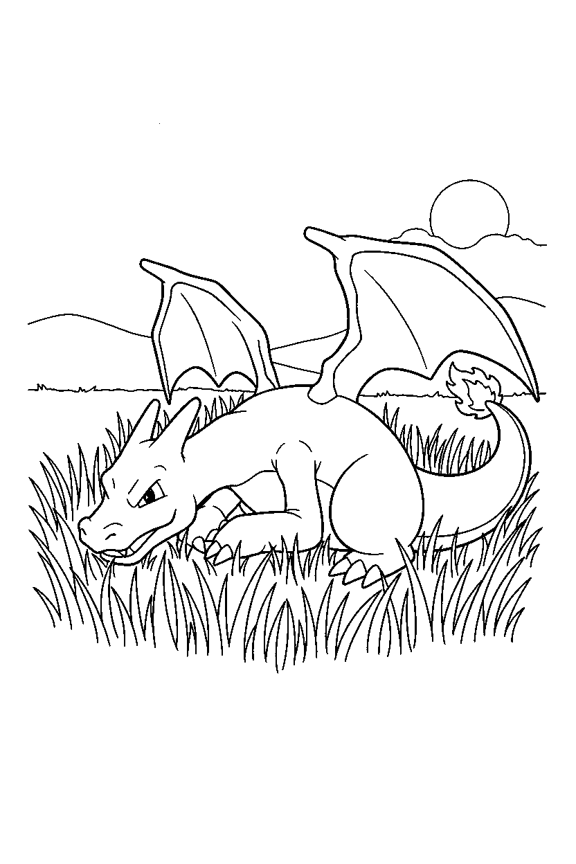 pokemon charizard resting in grassy field line art