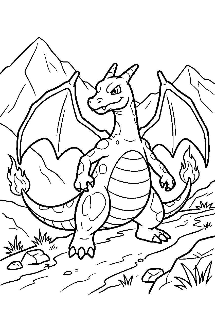 pokemon charizard standing in mountain trail line art