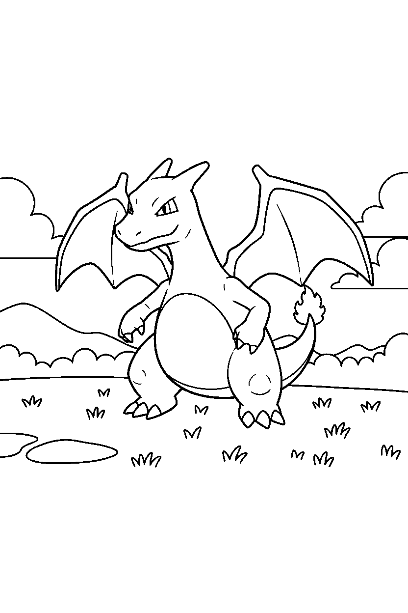 pokemon charizard walking in grassy field line art