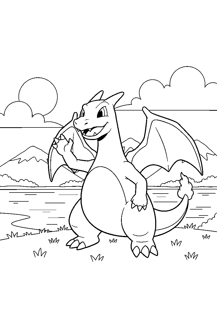 pokemon charizard waving by lake line art