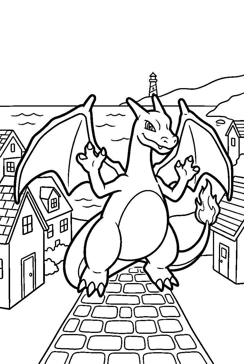 pokemon charizard waving in seaside town line art