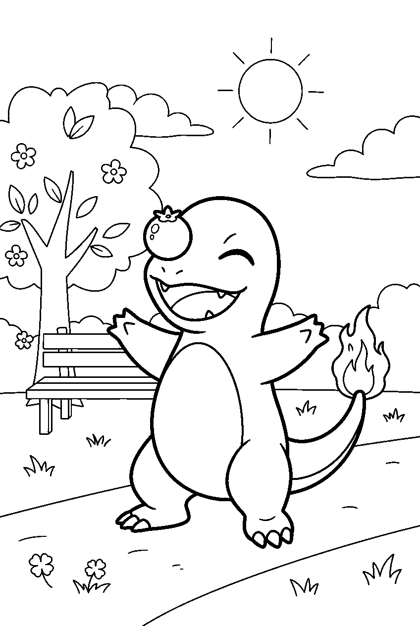 charmander balancing a berry on its nose in a sunny park line art