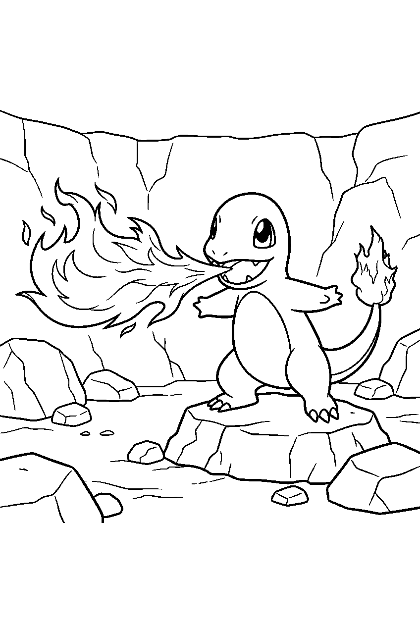 charmander breathing flamethrower inside a rocky battle arena line art