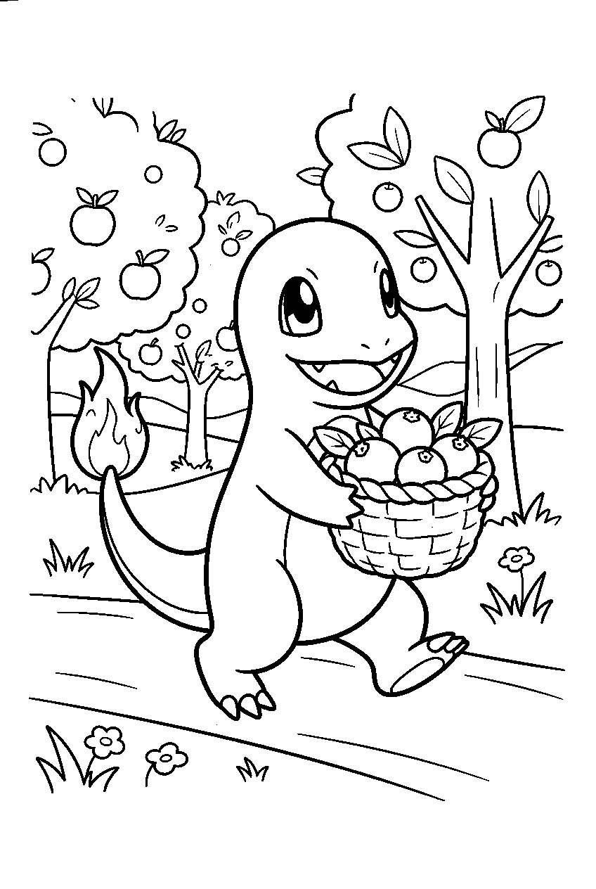charmander carrying a berry basket through an orchard line art