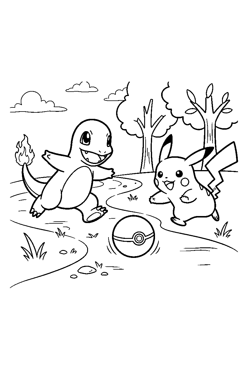 charmander chasing a pokeball with pikachu through a park line art