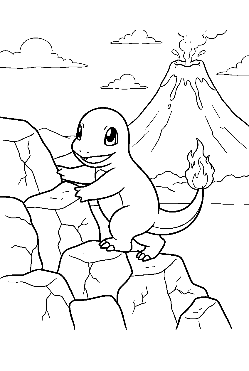 charmander climbing warm rocks beside a volcano line art