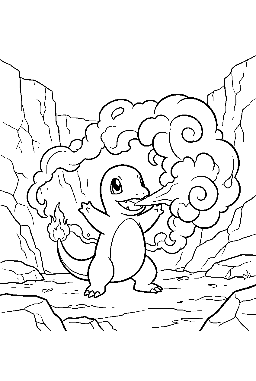 charmander creating smokescreen in a canyon arena line art