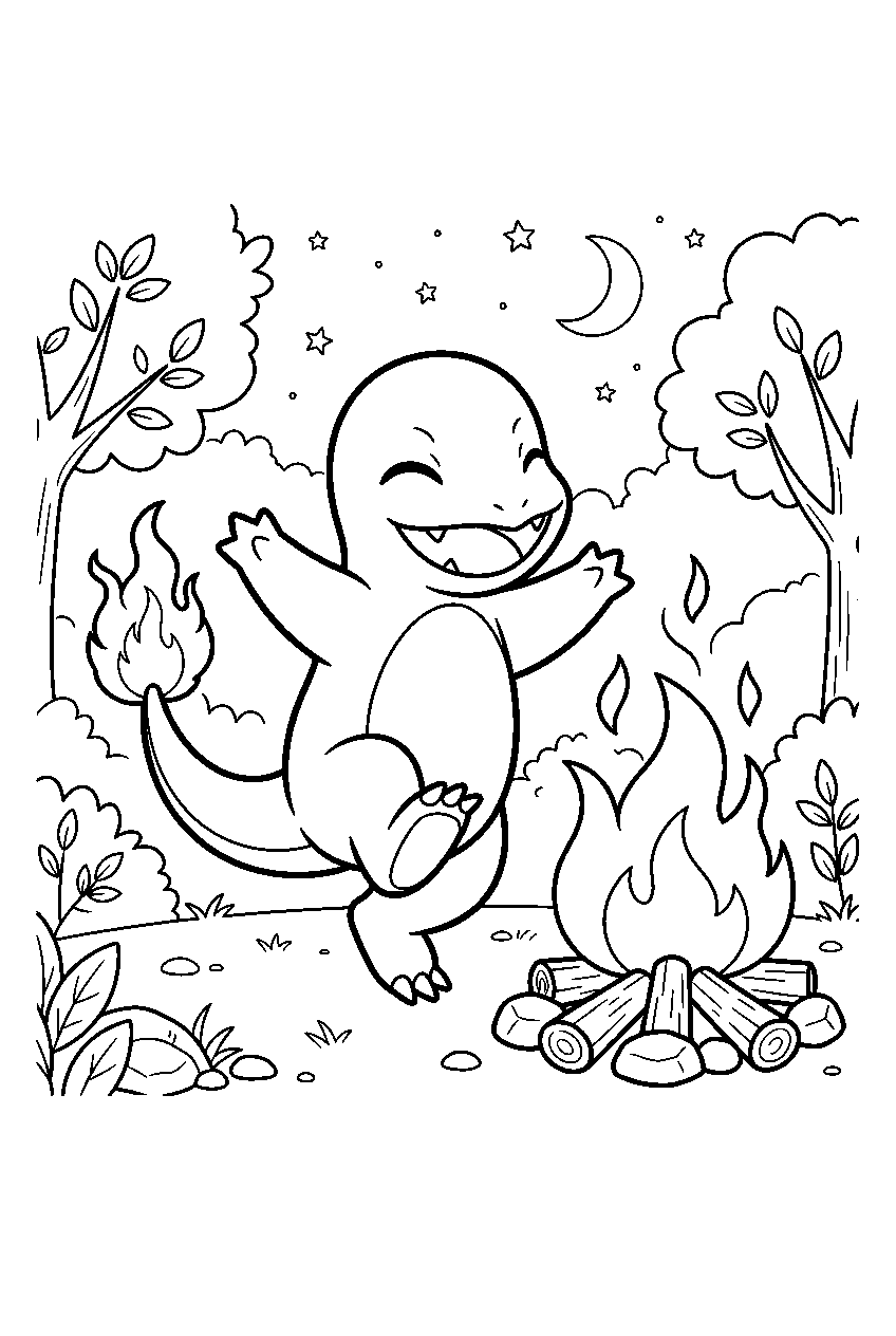 charmander dancing around a campfire in a forest clearing line art