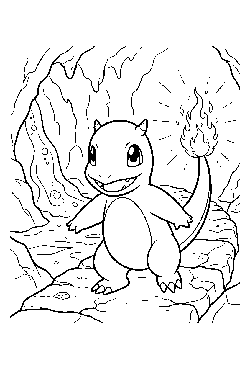 charmander exploring a lava tunnel with its glowing tail line art