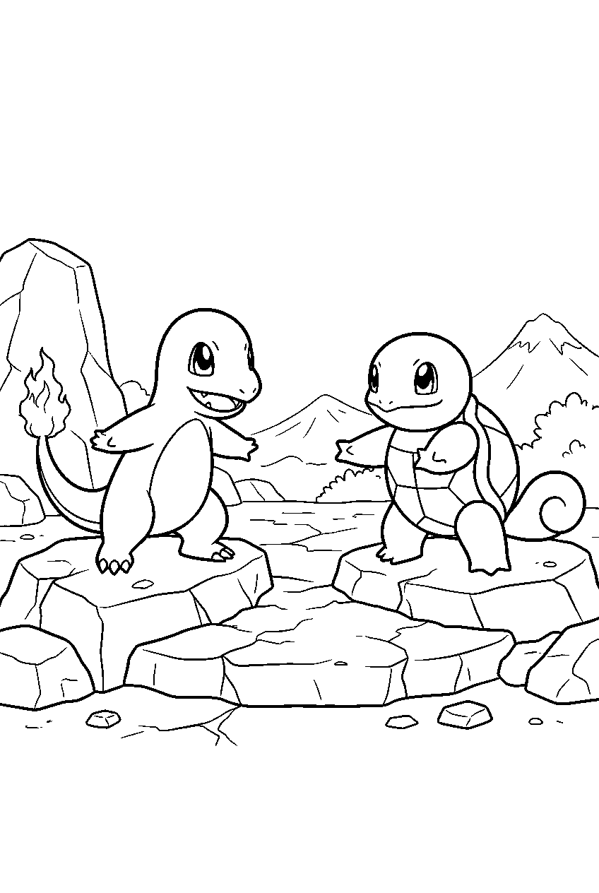 charmander facing squirtle across a rocky battle arena line art