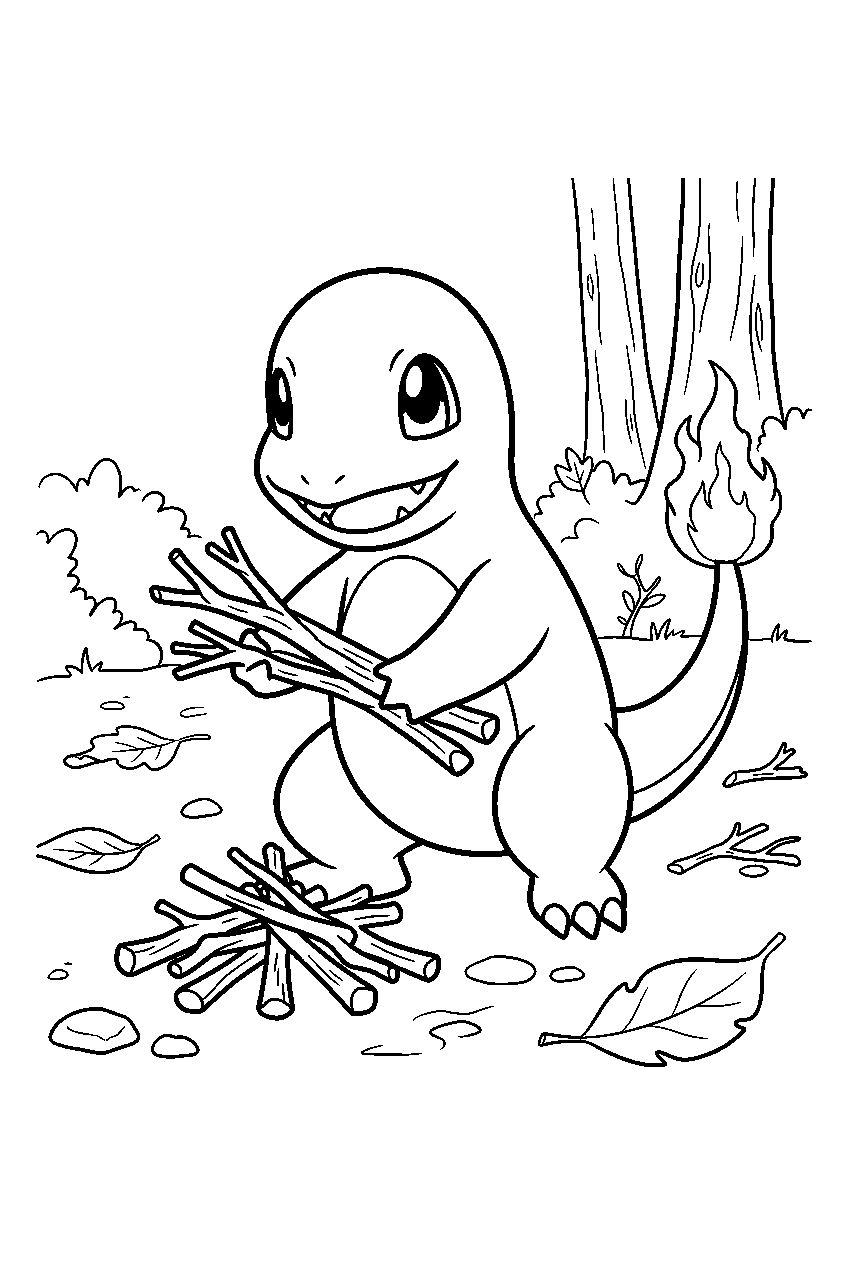 charmander gathering branches for a campfire on a woodland floor line art
