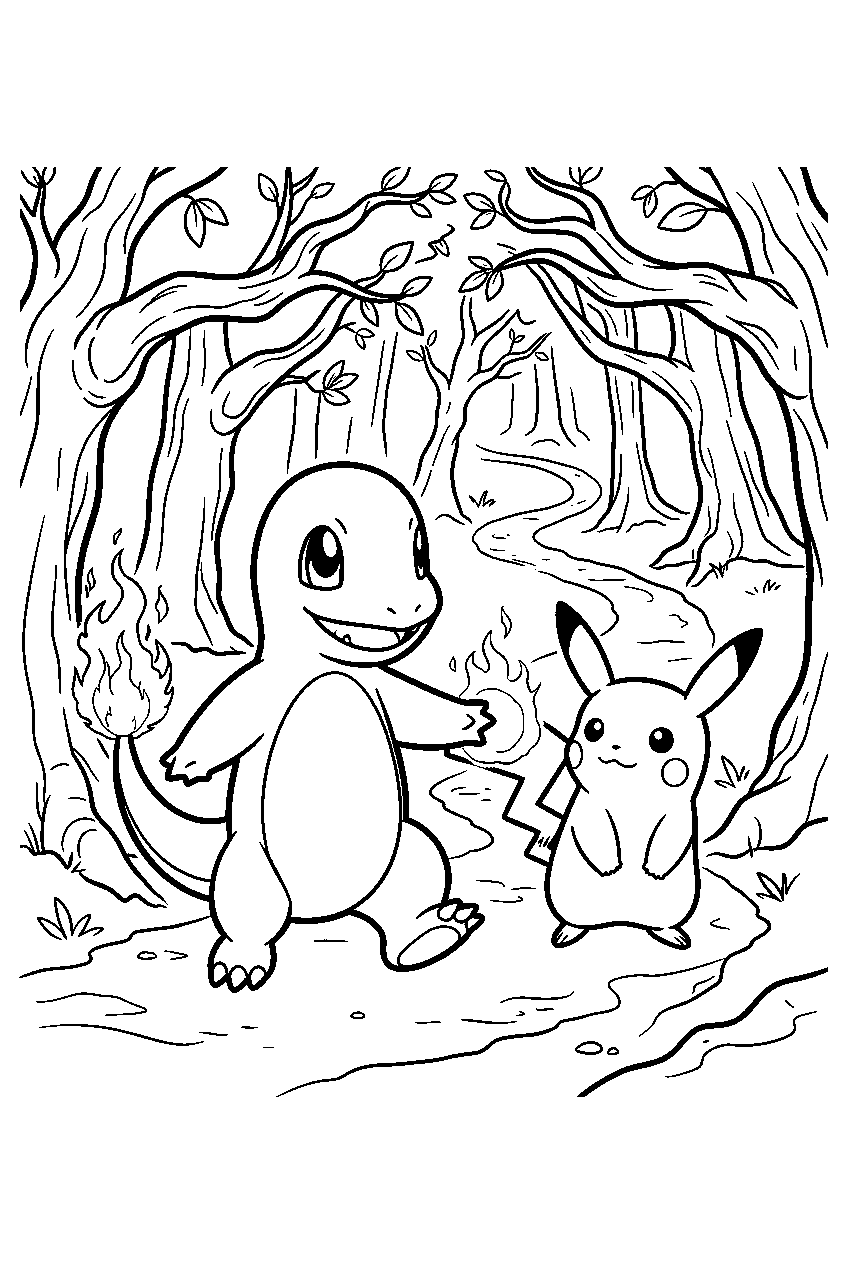charmander guiding pikachu with its tail flame through a dark forest line art
