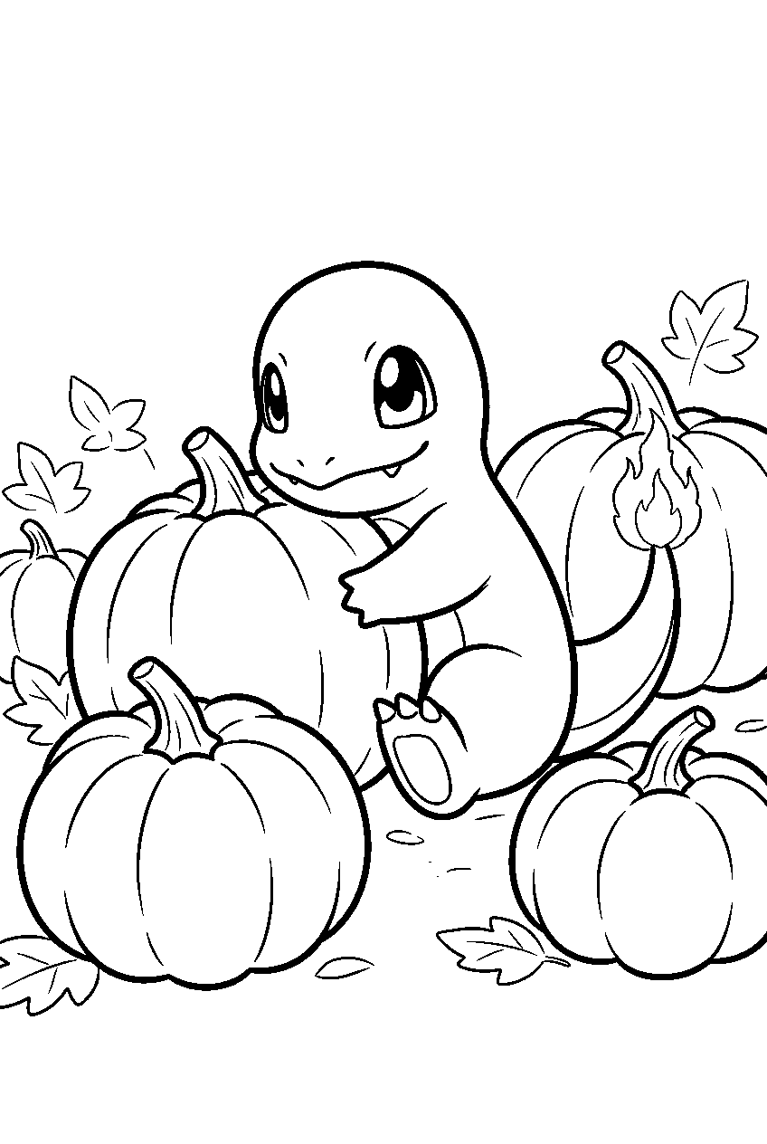charmander hiding among pumpkins in an autumn patch line art