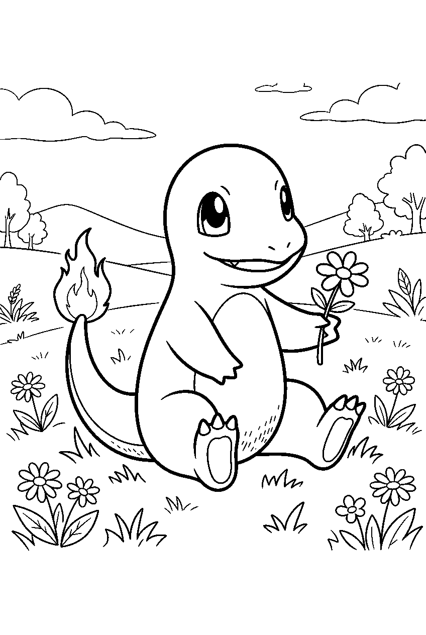 charmander holding a flower in a grassy meadow line art