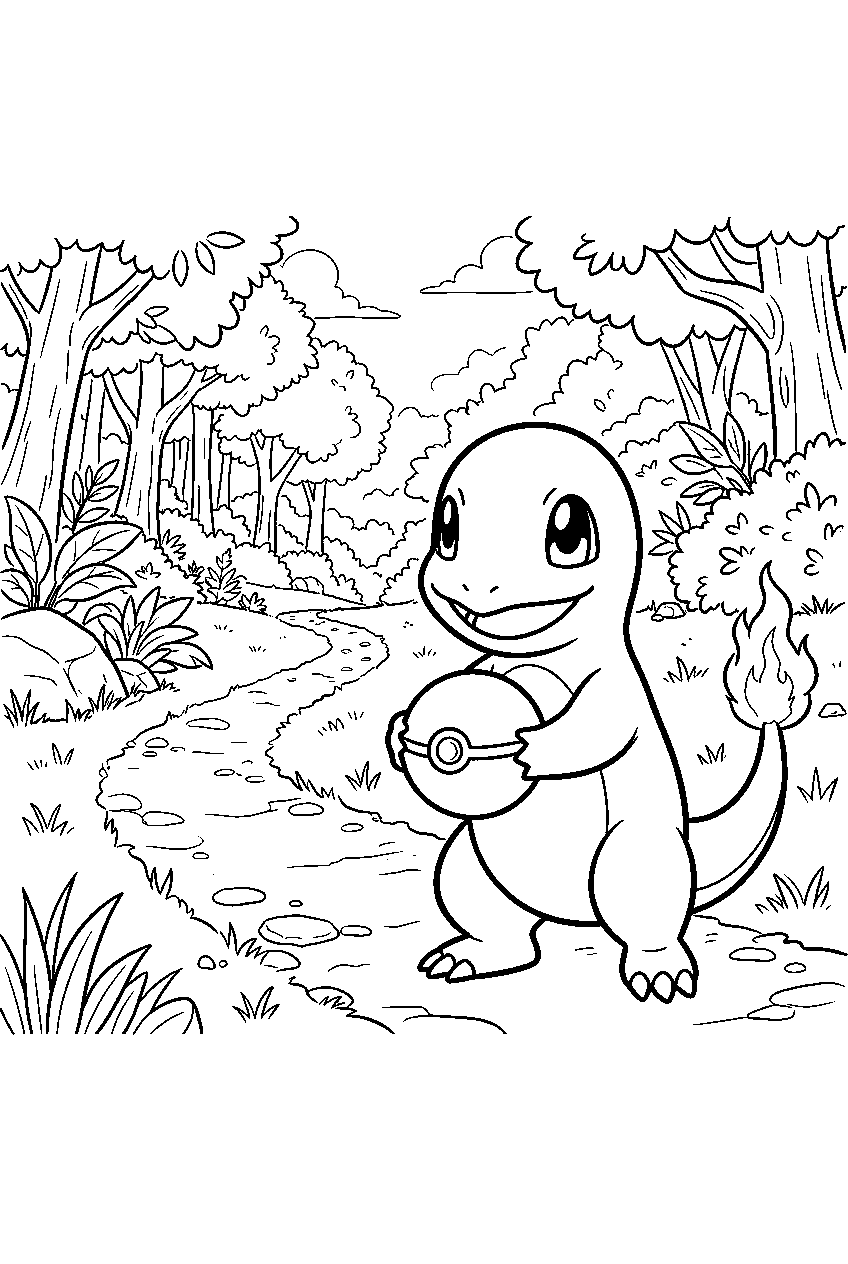 charmander holding a pokeball beside a forest trainer path line art
