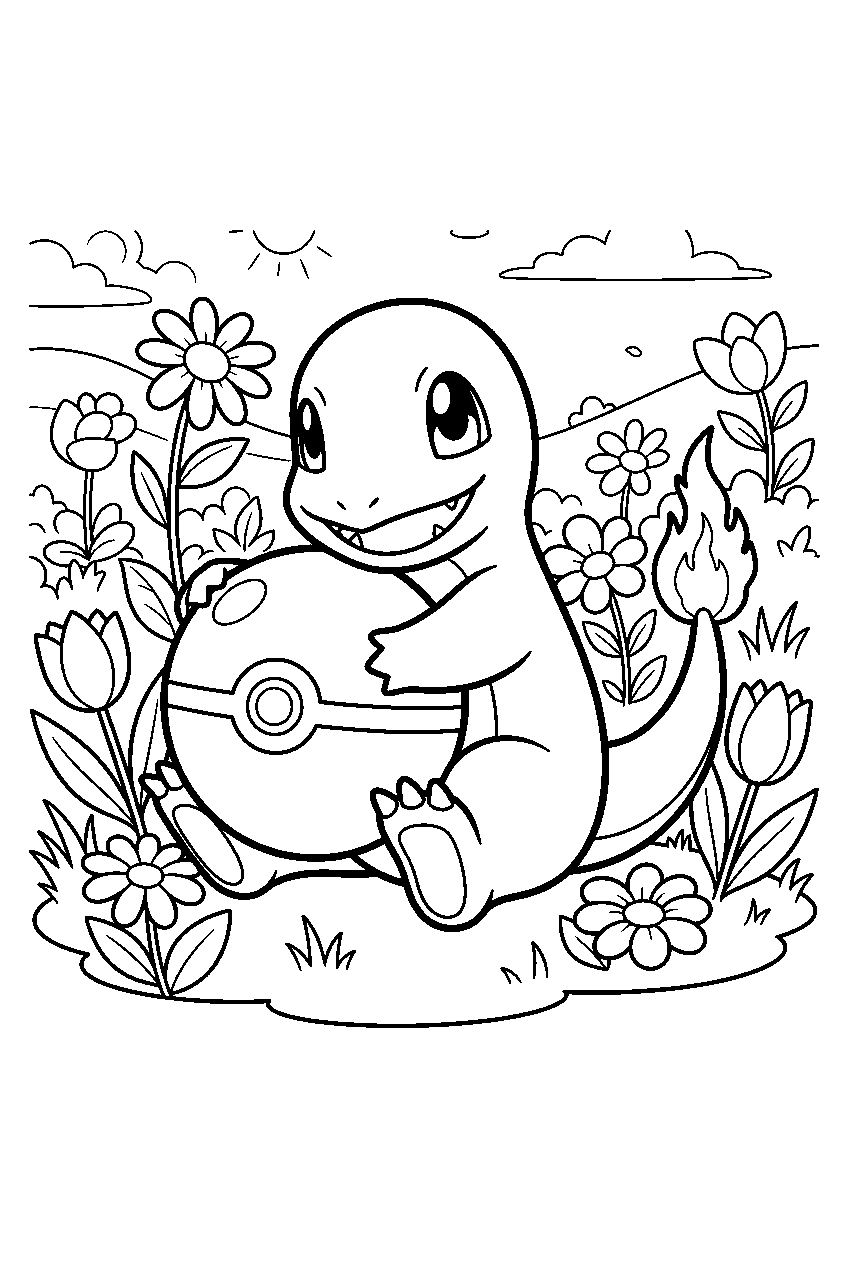 charmander hugging a pokeball in a flower garden line art