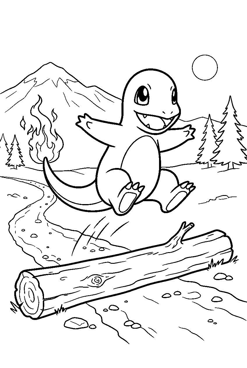 charmander jumping over a log along a mountain trail line art