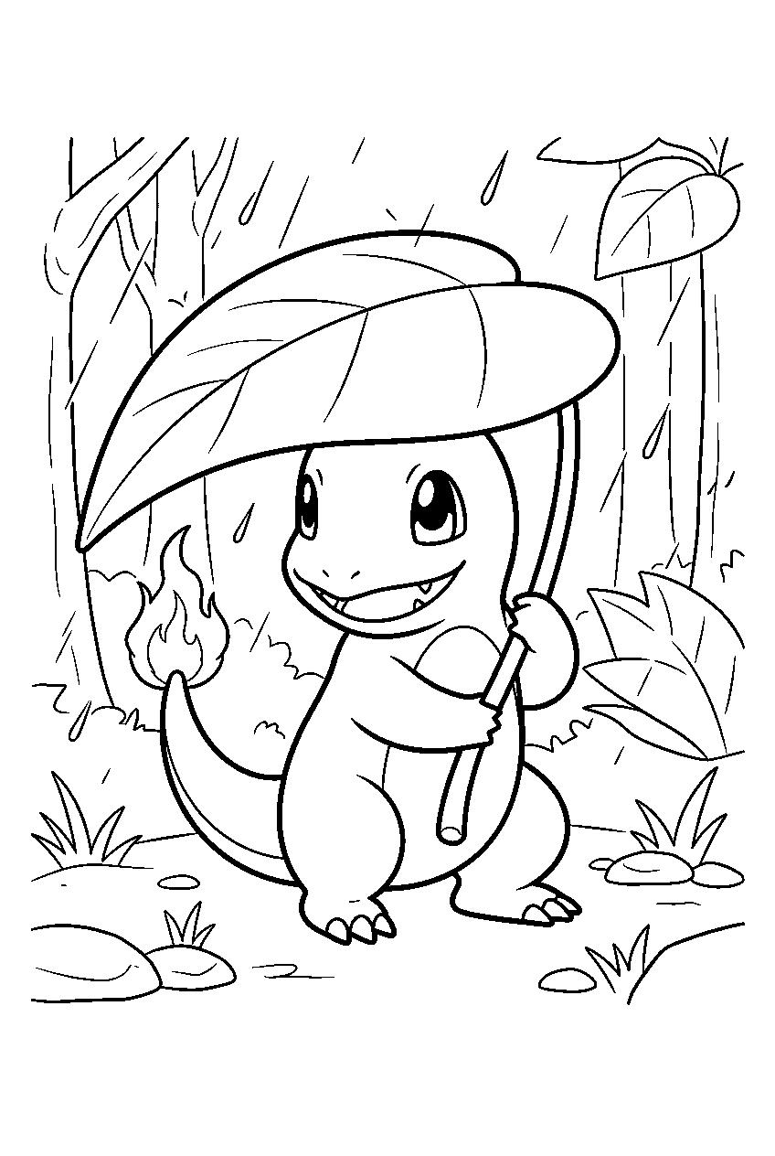 charmander keeping its tail flame dry beneath a giant leaf on a rainy forest path line art