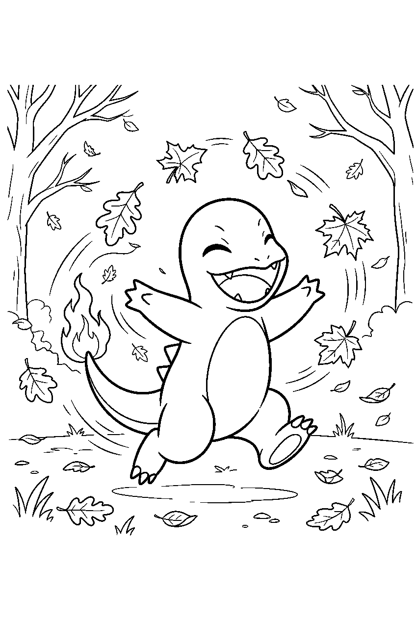 charmander laughing while chasing leaves through an autumn grove line art