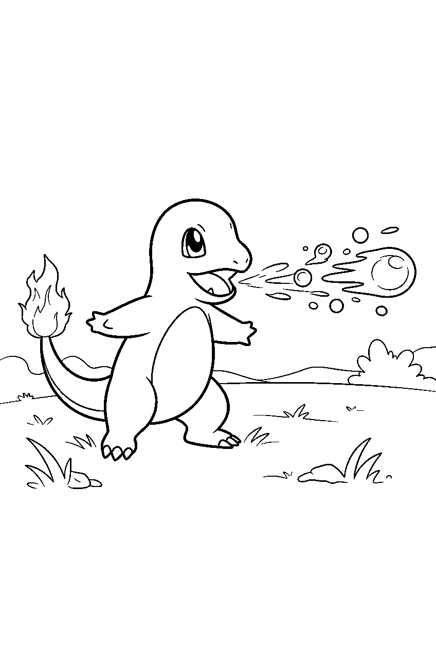 charmander launching ember across a grassy training field line art