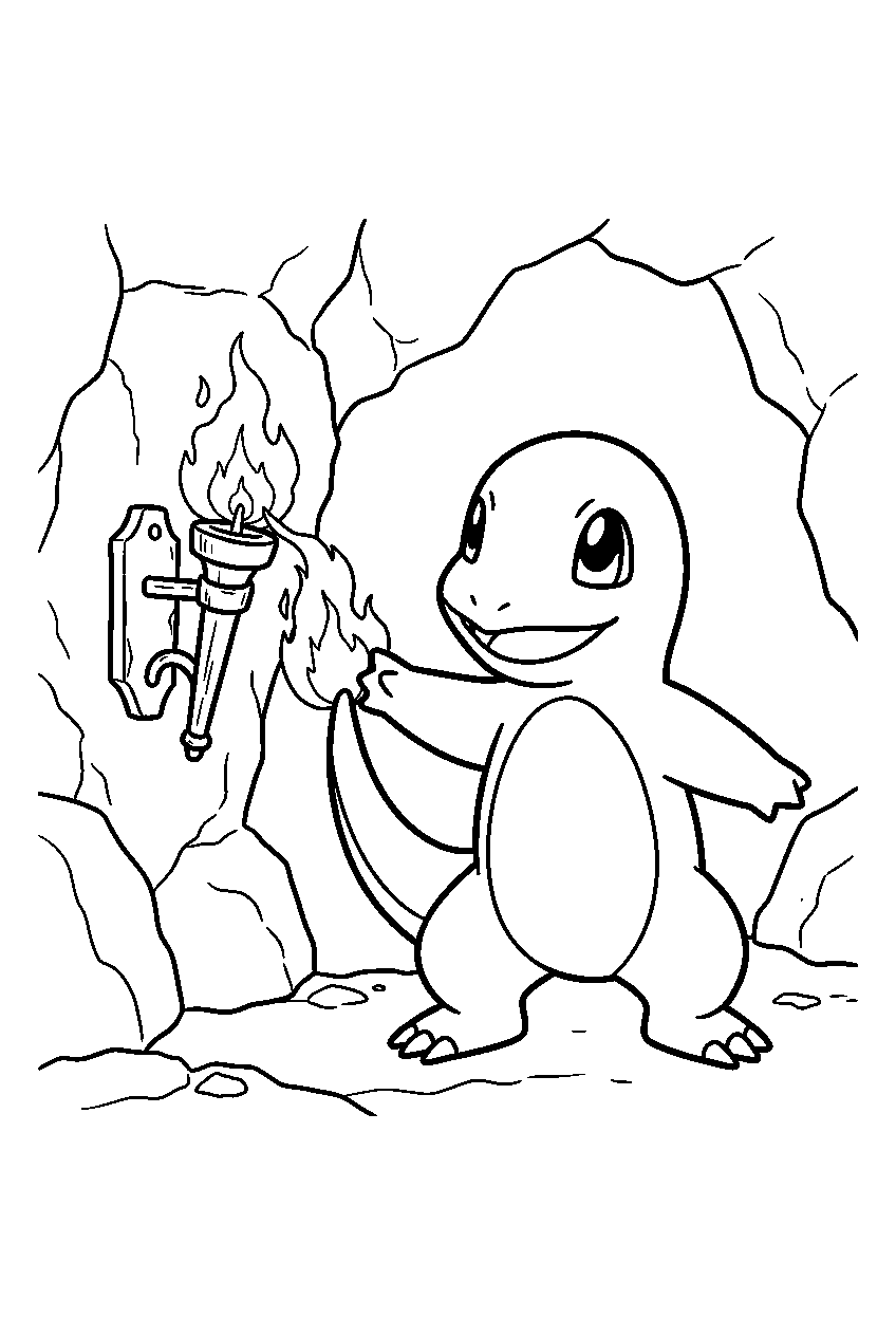charmander lighting a wall torch with its tail flame inside a stone cave line art