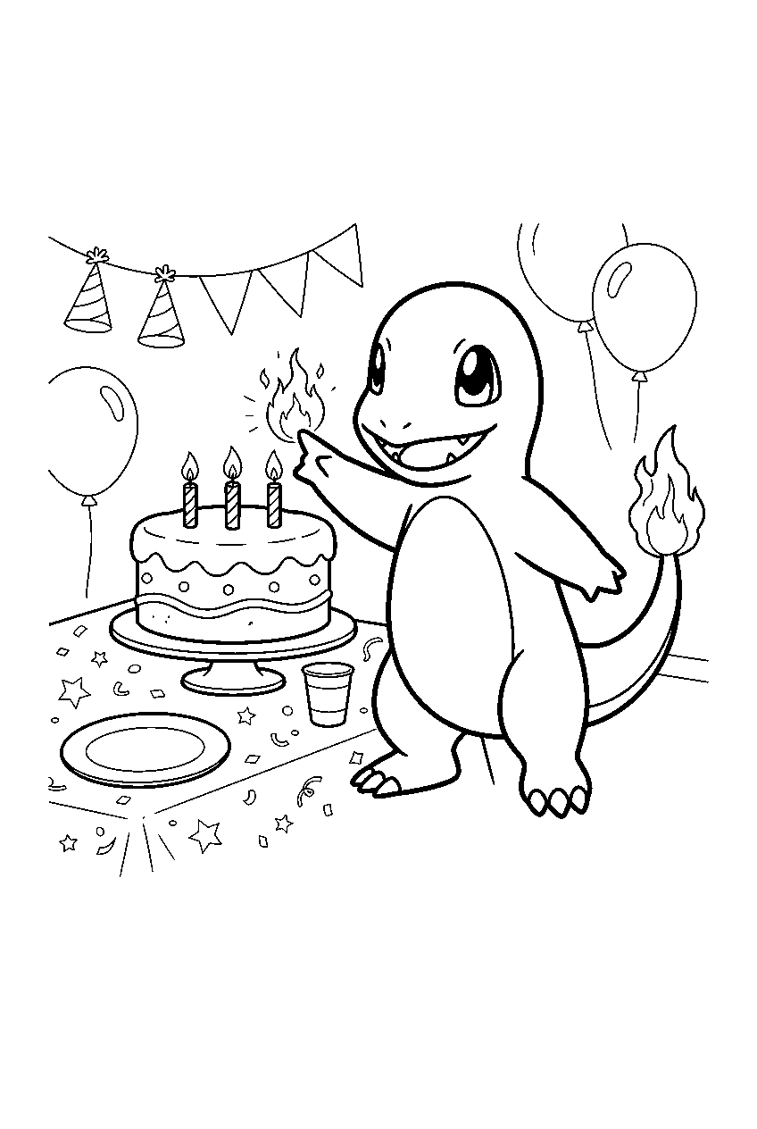 charmander lighting birthday candles with a tiny flame at a party table line art