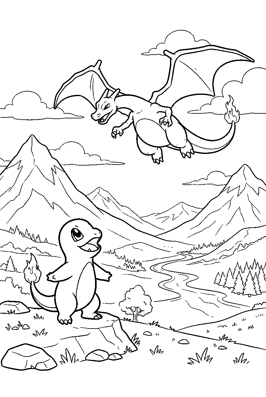 charmander looking up at charizard flying above a mountain valley line art