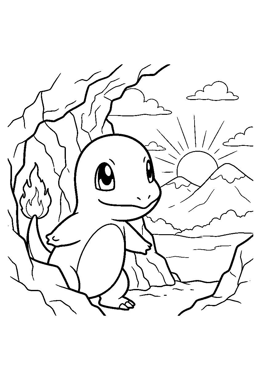 charmander peeking from a mountain cave at sunrise line art