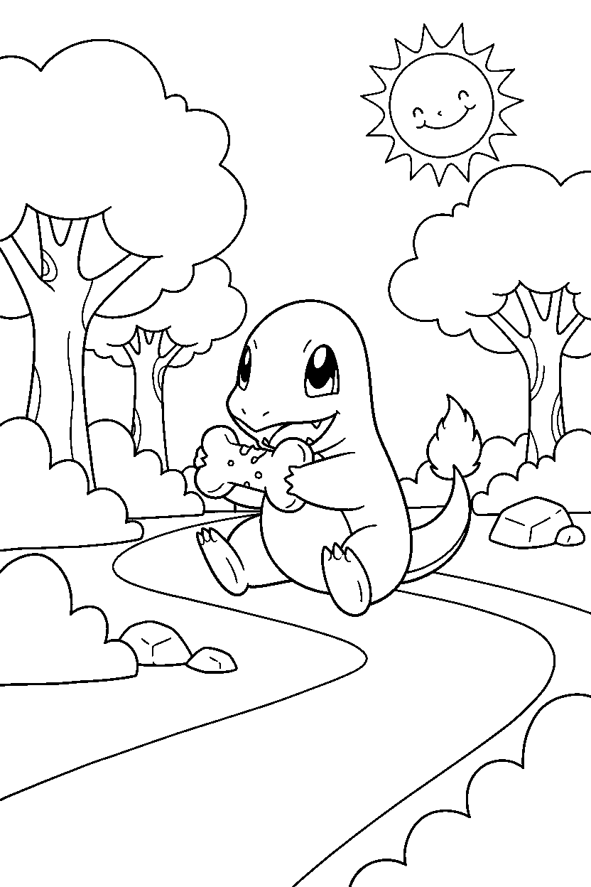 charmander pokemon eating a snack near a forest path line art