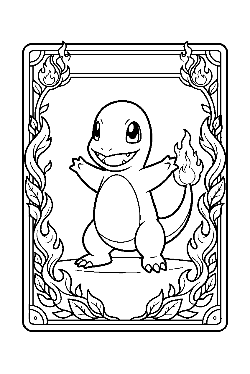 charmander posing inside a pokemon trading card frame with tail flame decorations line art