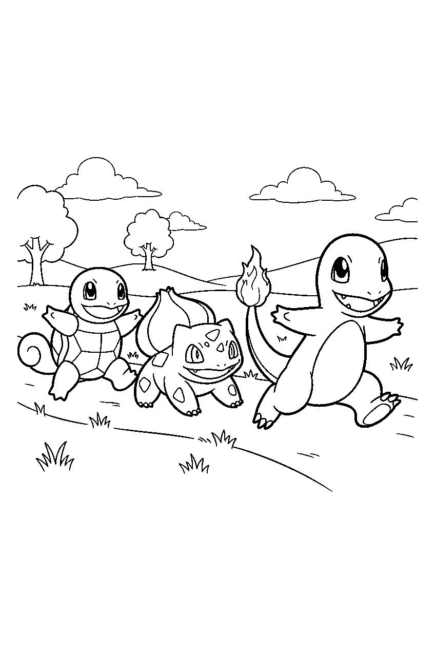 charmander racing bulbasaur and squirtle across a grassy meadow line art