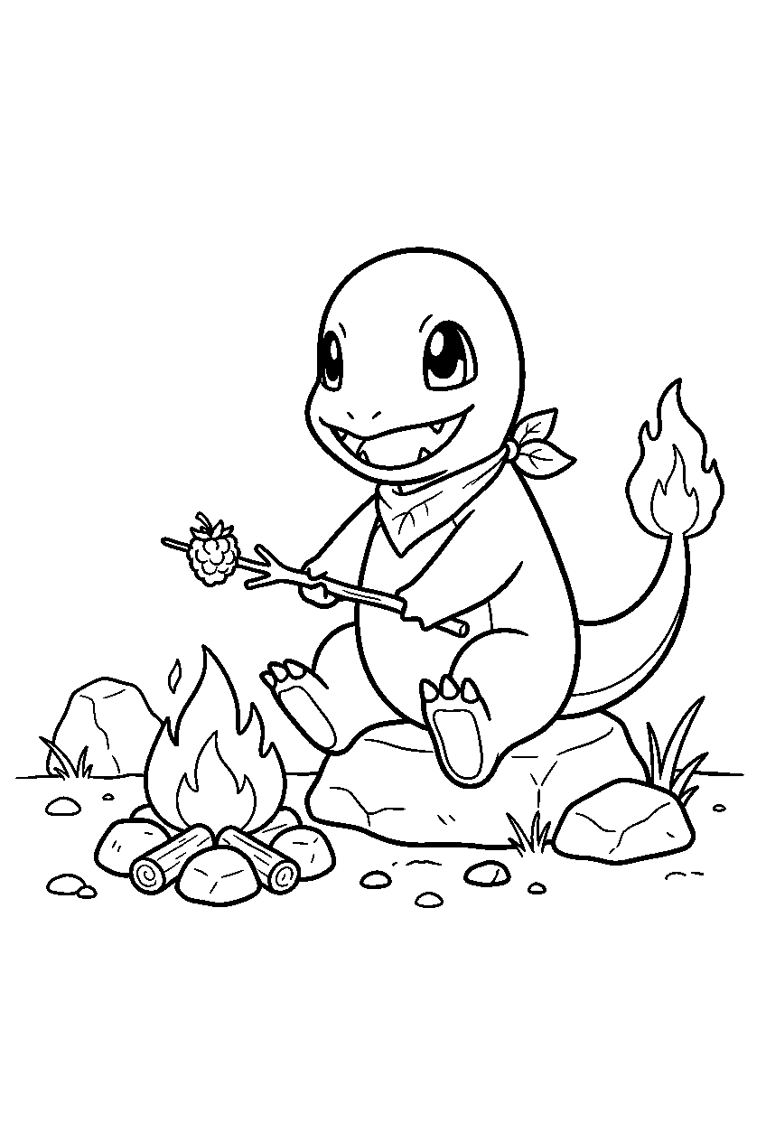 charmander roasting a berry over a small campfire at a rocky campsite line art