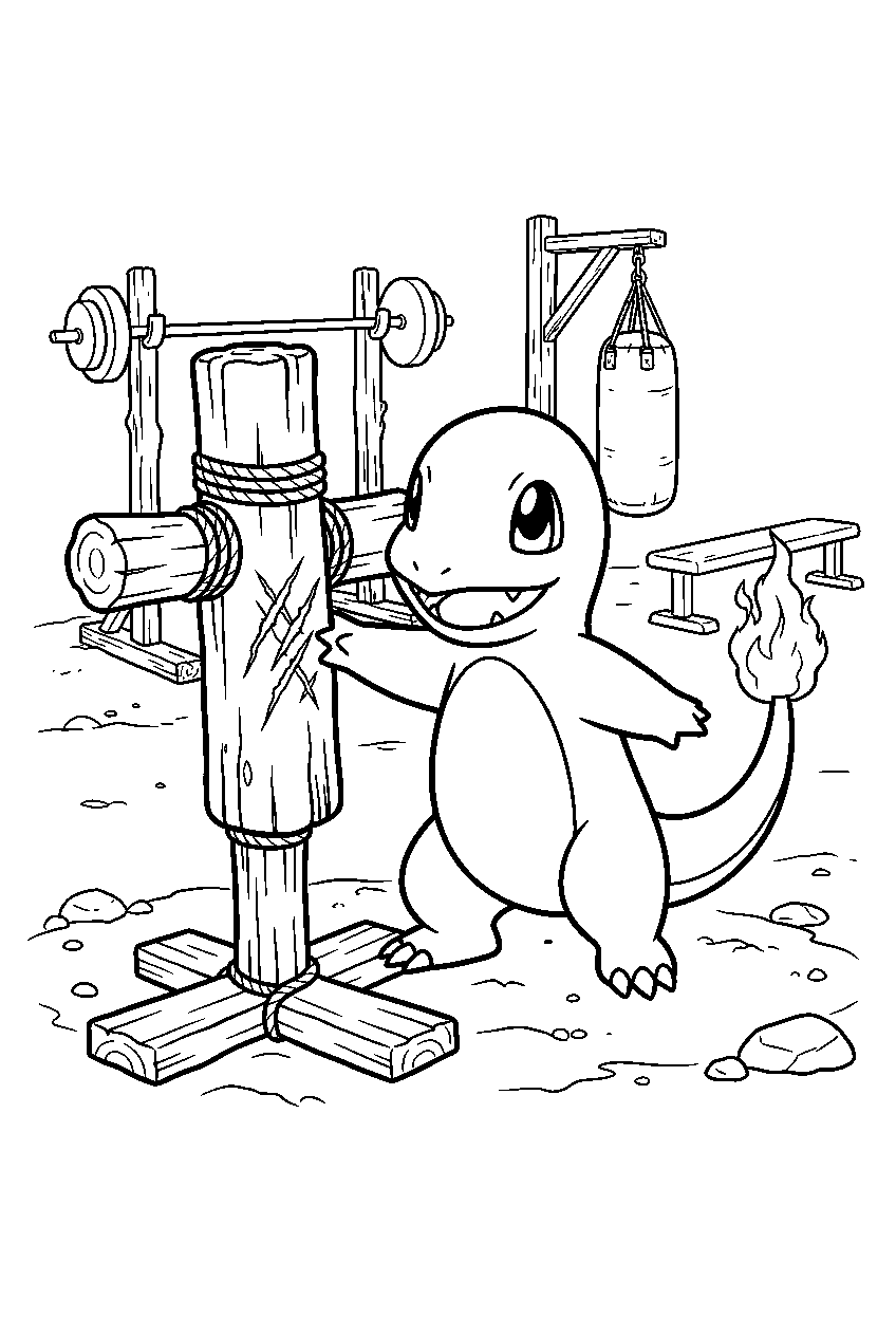 charmander scratching a training dummy in an outdoor gym line art