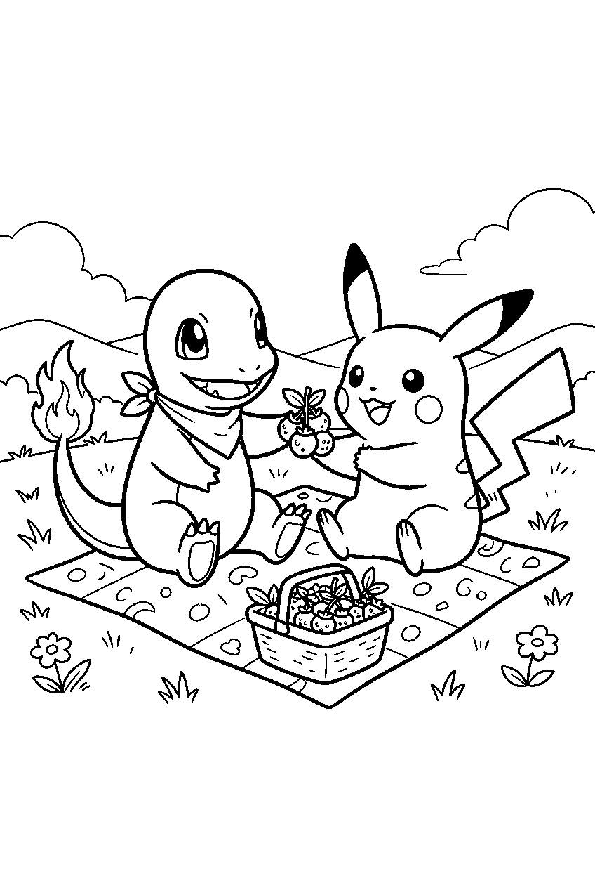 charmander sharing berries with pikachu at a meadow picnic line art
