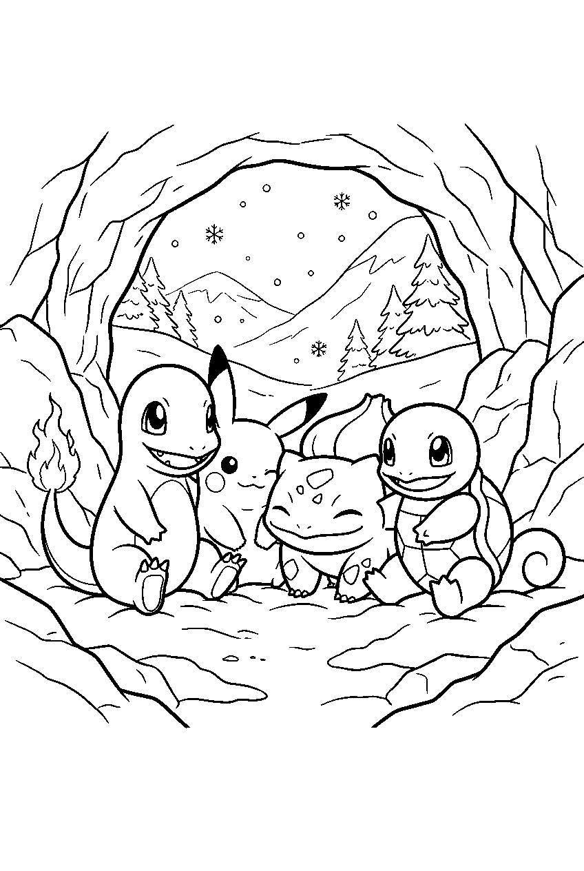 charmander sheltering with pikachu bulbasaur and squirtle inside a snowy cave line art