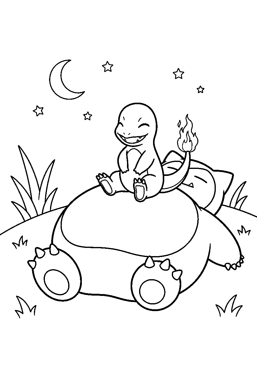 charmander sitting happily on sleeping snorlax beneath a moonlit sky line art