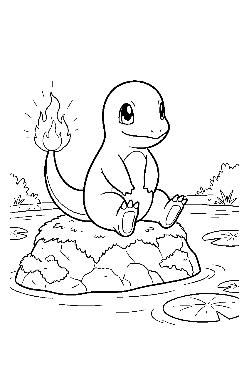 charmander sitting on a mossy rock with its tail flame glowing beside a pond line art