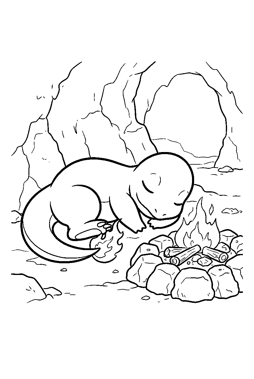 charmander sleeping beside warm embers inside a quiet cave line art