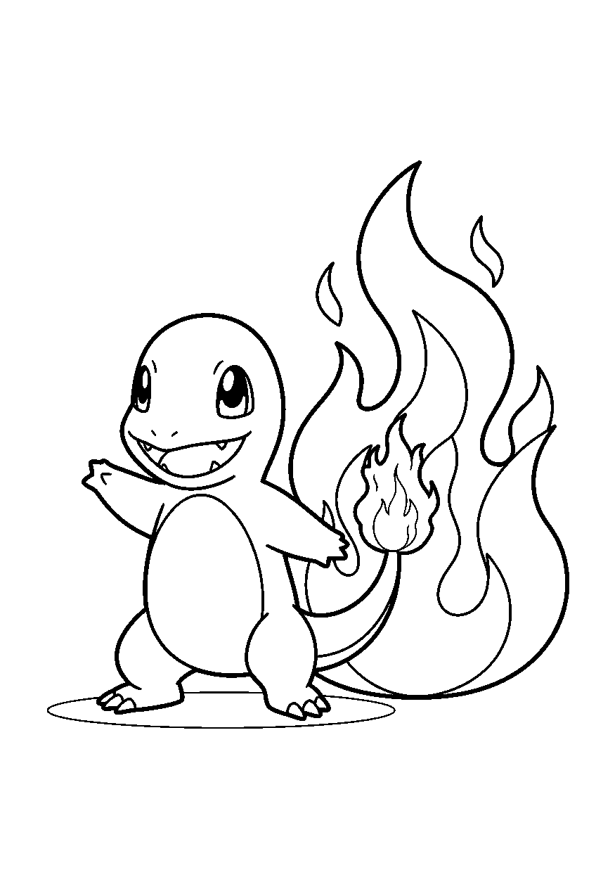 charmander smiling beside large flame shapes on a simple background line art