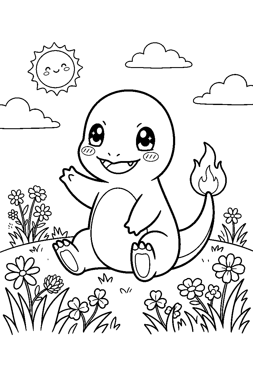 charmander smiling with a kawaii expression in a sunny meadow line art