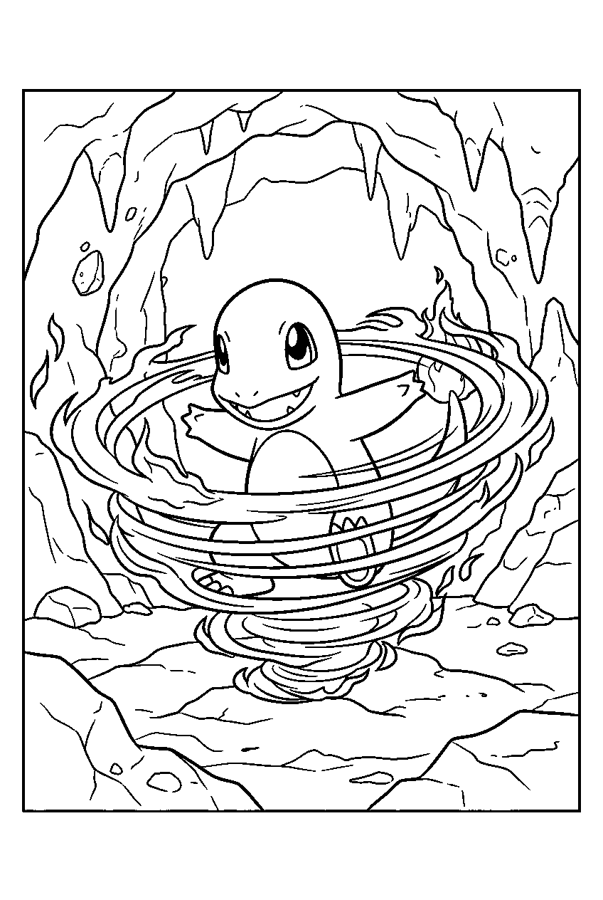 charmander spinning fire spin near a volcanic cave line art