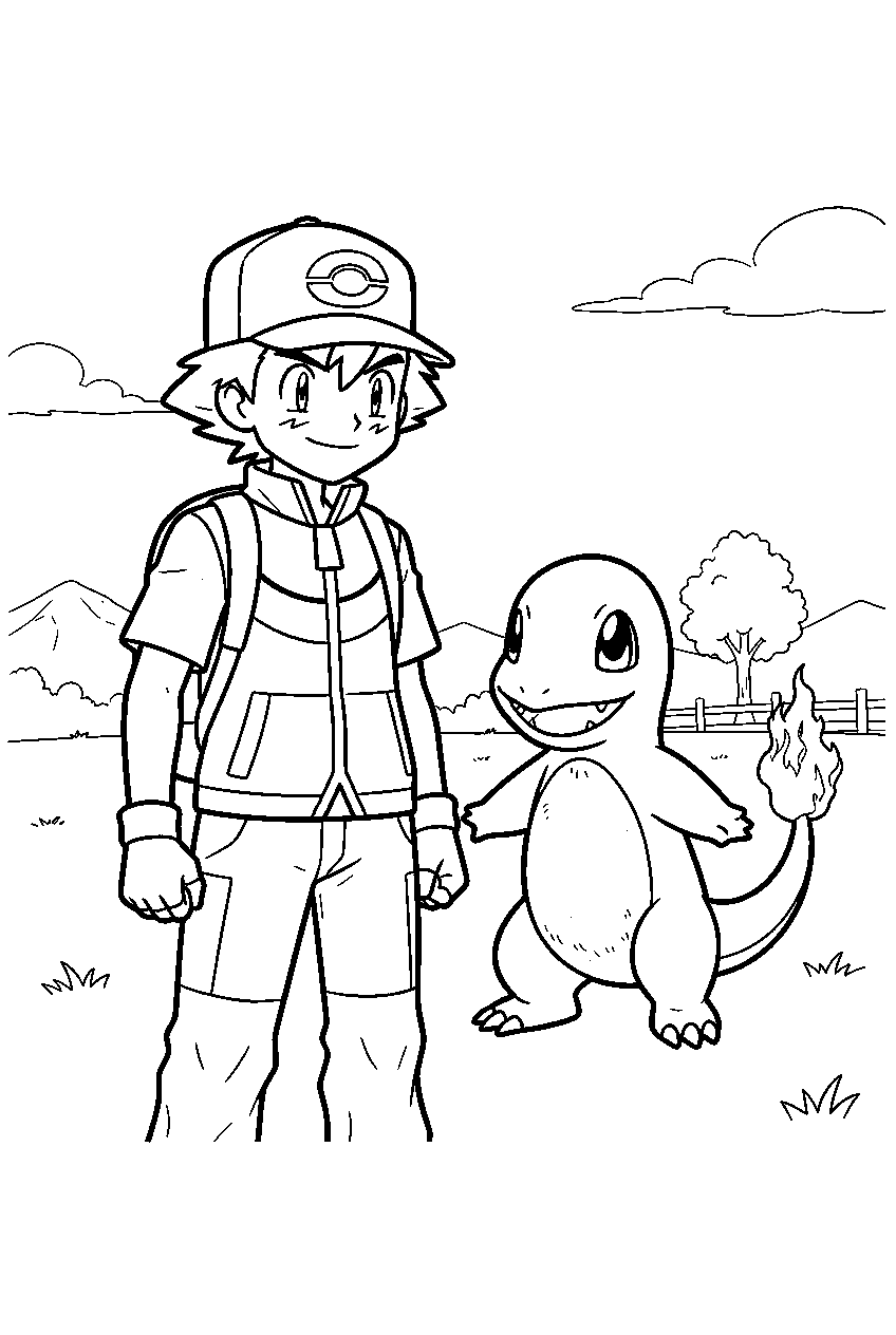 charmander standing beside ash in an outdoor training field line art