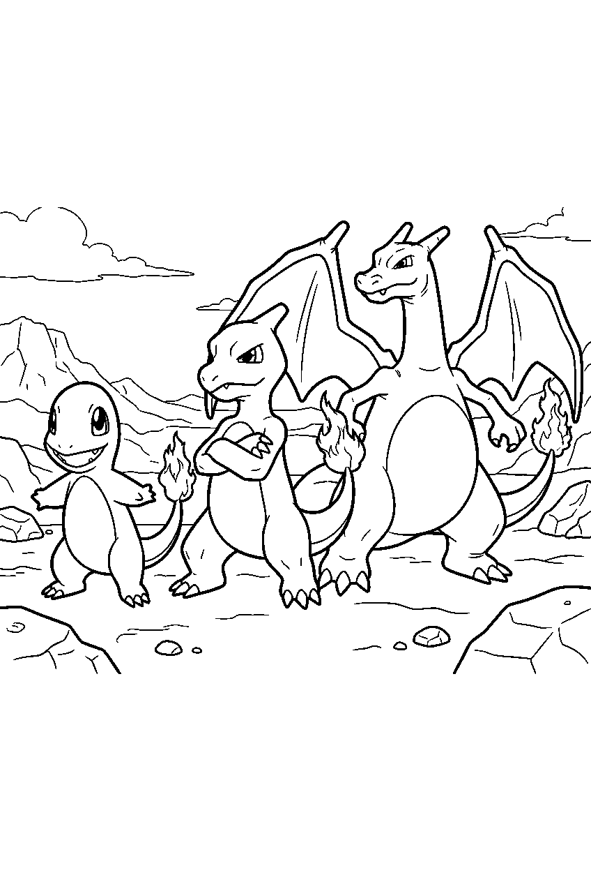 charmander standing beside charmeleon and charizard in an evolution lineup at a rocky training ground line art