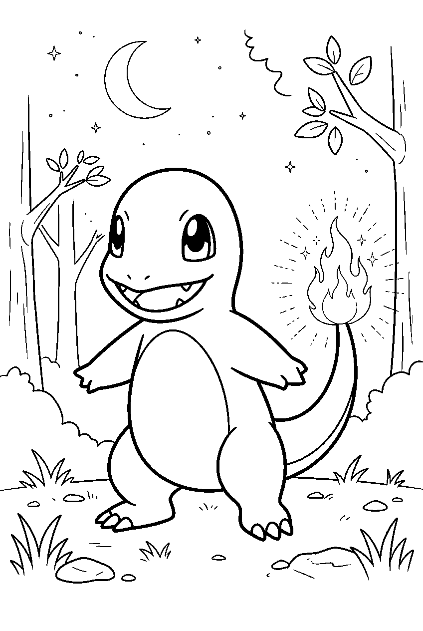 charmander standing in a moonlit forest with its tail flame glowing line art