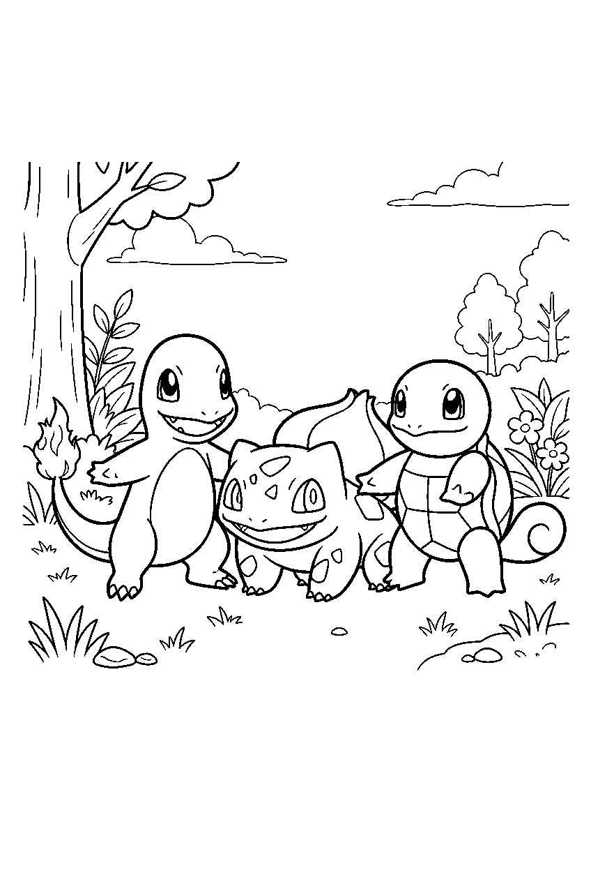 charmander standing with bulbasaur and squirtle in a forest clearing line art